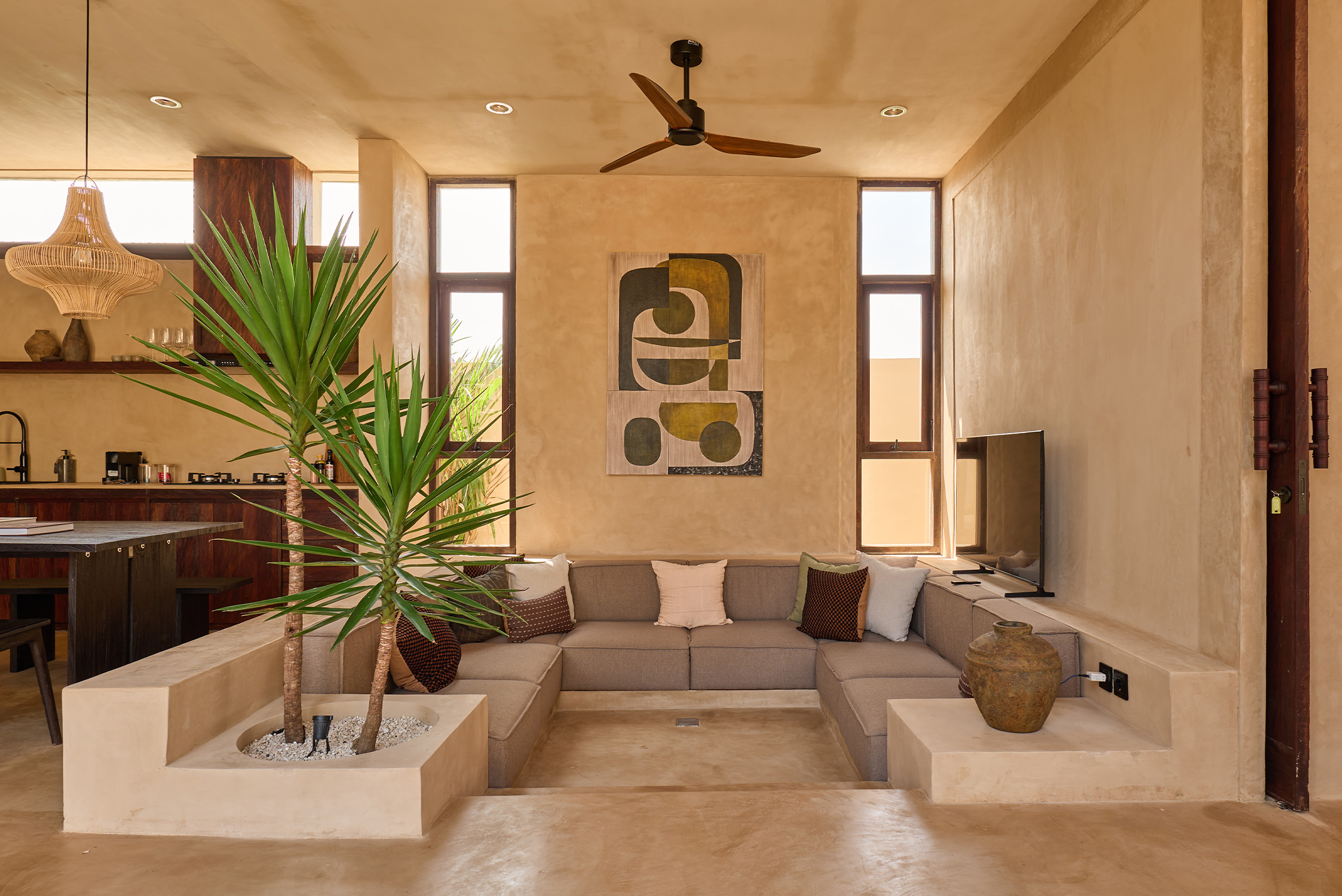 Limewash wall finish with soft chalky texture in Bali interior